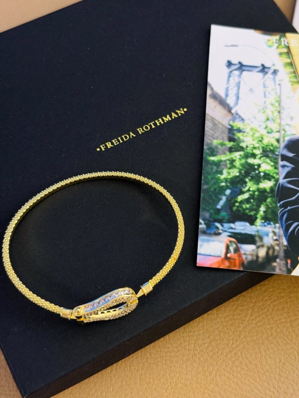 FREIDA ROTHMAN - Gold Mesh Bangle Bracelet - Pavé Horseshoe Clasp - Picture 2 of 3